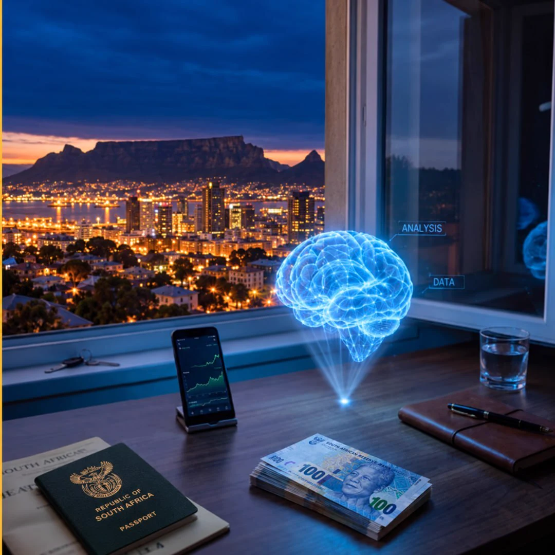 A desk at dusk overlooking Cape Town, with a phone showing a market chart, South African rand notes and a glowing brain illustration labelled analysis and data